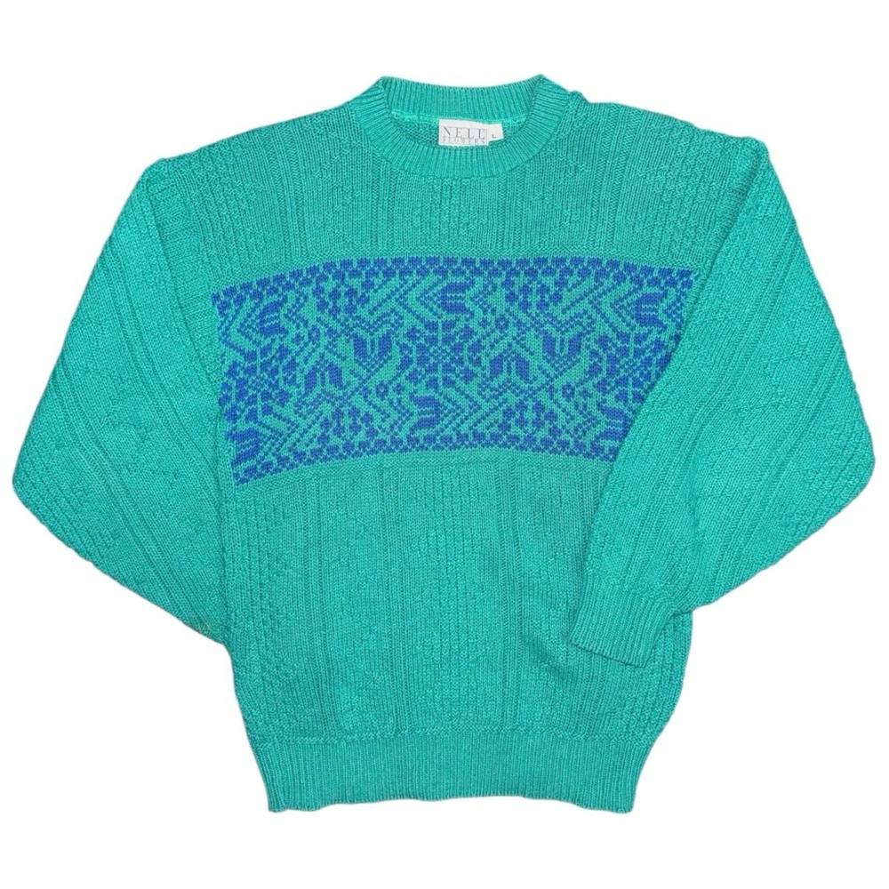 Vintage Nell Flowers Knit Sweater Green Blue Geometric Women’s Small Retro 80s